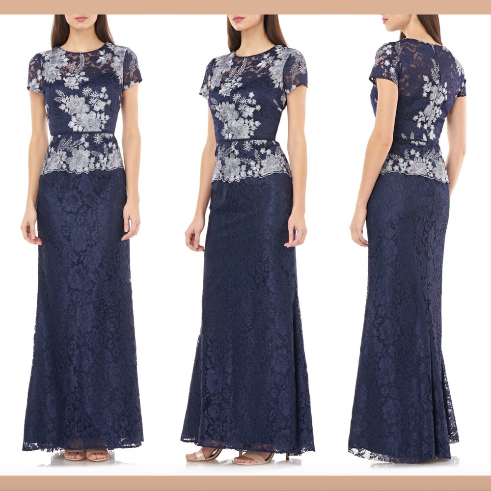 NWT $288 JS Collections Lace Gown‎ Blue Floral [ SZ 4 ] #E913